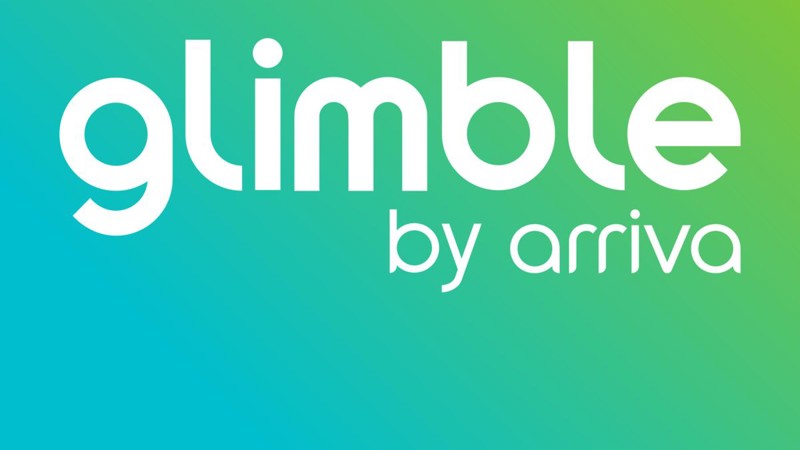 Blauw groene achtergrond met daarop het 'Glimble by Arriva' logo.
