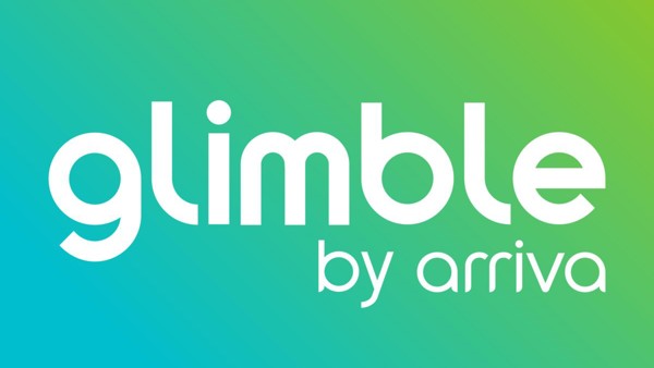 Blauw groene achtergrond met daarop het 'Glimble by Arriva' logo.