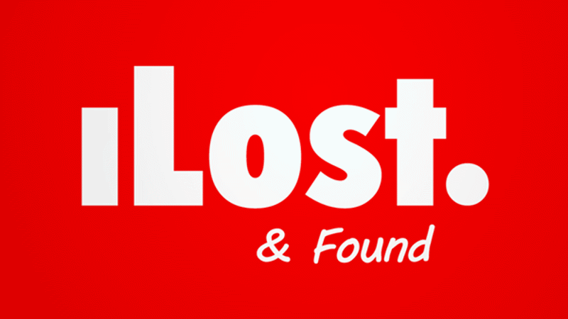 Het iLost-logo. Een rood vlak met daarin de woorden iLost. & found.