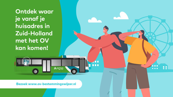 Reclame voor www.ov-bestemmingswijzer.nl daarmee ontdek je waar je vanaf je adres in Zuid-Holland met het OV kunt komen.